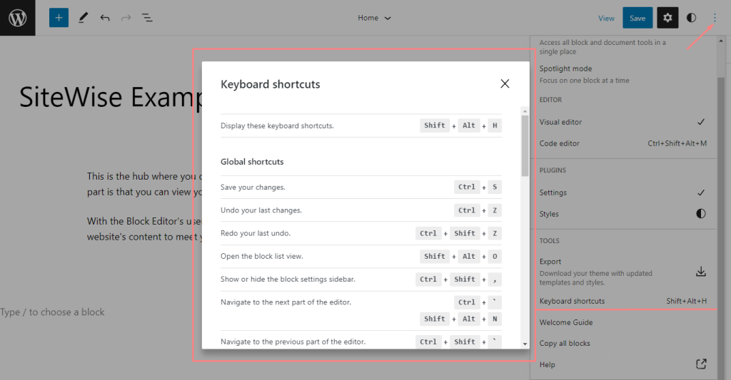 Keyboard Shortcuts in WordPress Block Editor