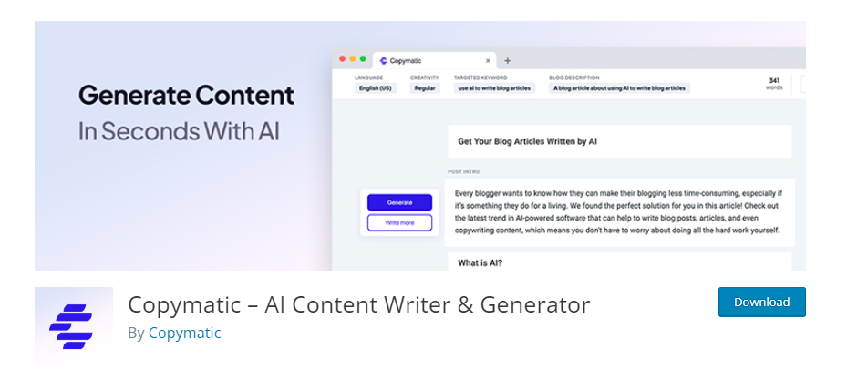 Copymatic ai plugin for generating ai content